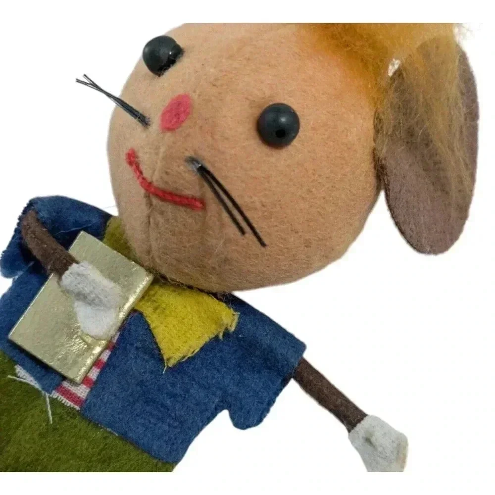 Vintage MCM Christmas Felt Big Ear Mouse Ornament Schoolboy with Book Pixie
